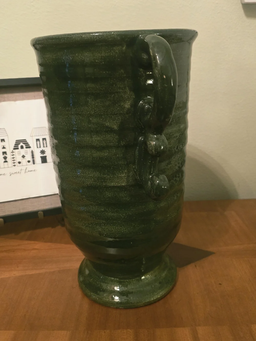Pottery Barn Green Ceramic Ornate Handled Vase 15.75
